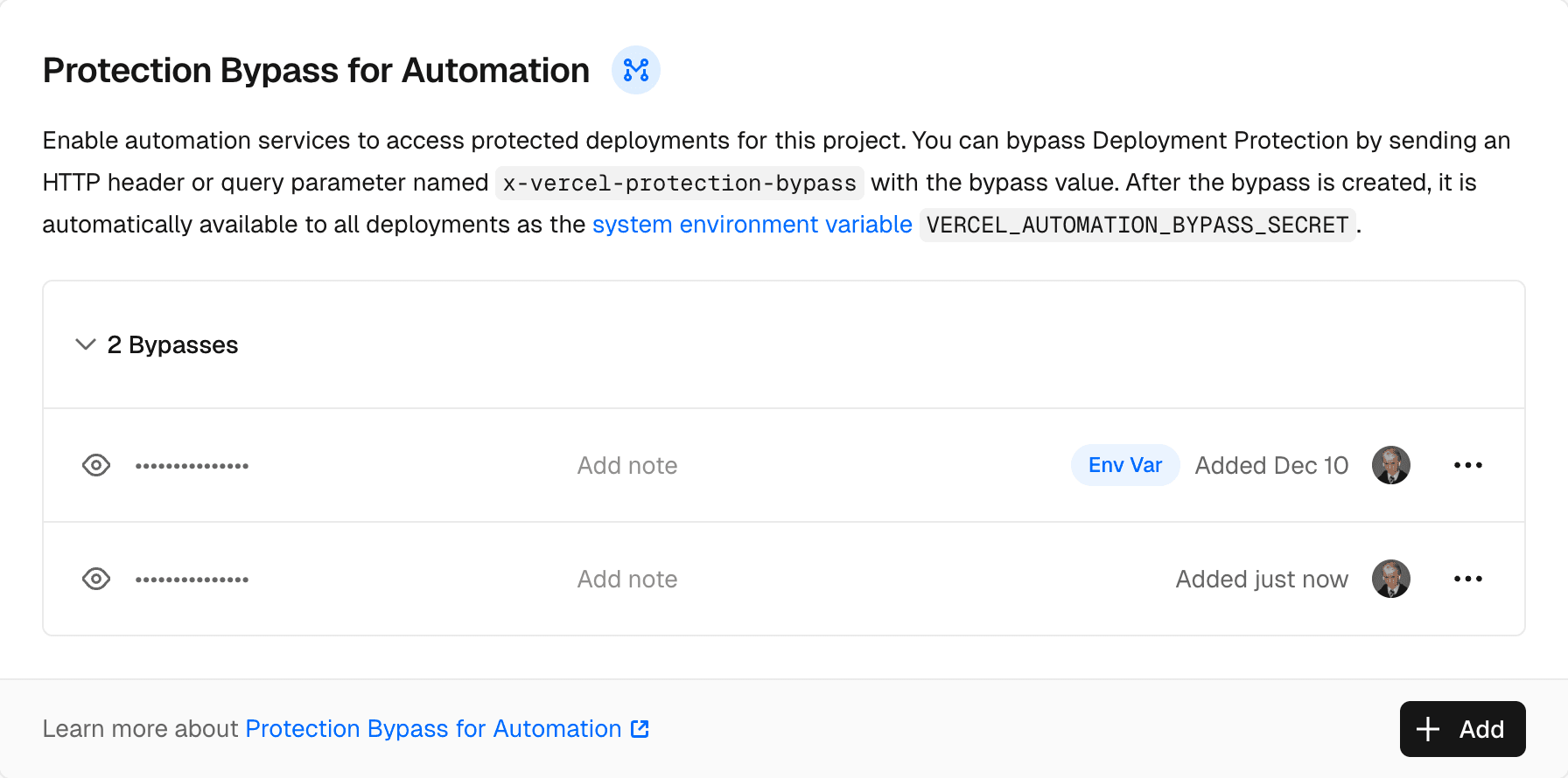 Protection Bypass for Automation option